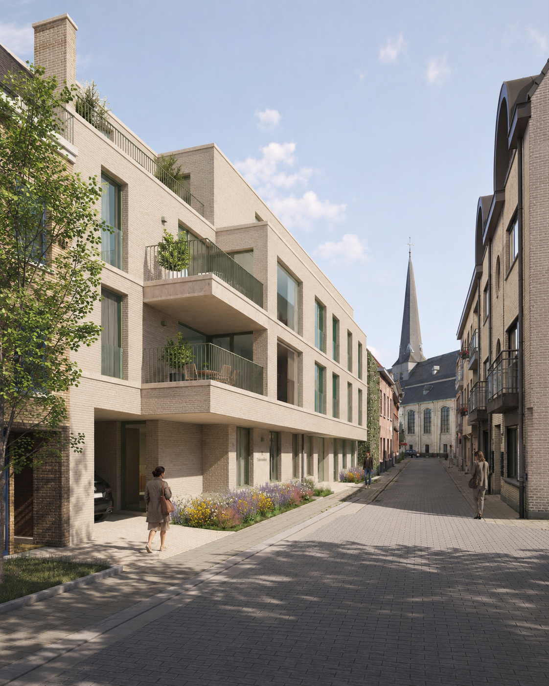 Exterieur van Residentie Tiekeneiken in de Peperstraat, met zicht op de kerktoren van Hamme